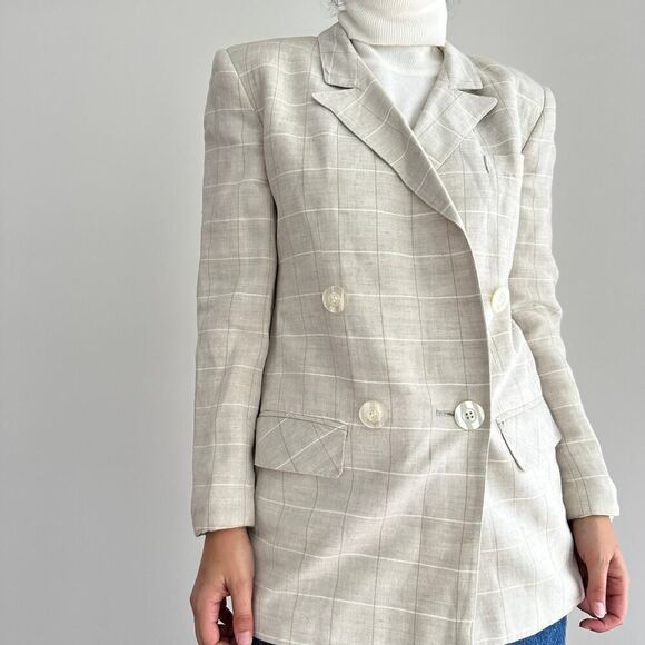 Vintage Linen Blend Jacket Women 6 Plaid Neutral Minimalist Old Money Equestrian - Picture 3 of 12